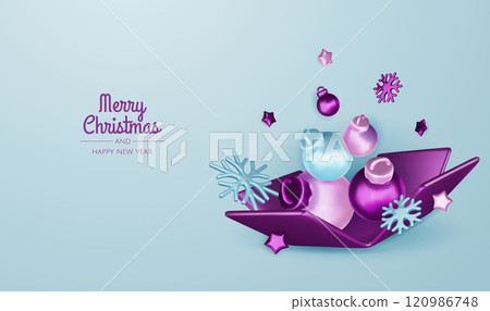 Christmas winter festive composition. Colorful Xmas background realistic 3d decorative design objects, christmas tree, gift boxes, xmas ball, gold confetti. Happy New Year. Vector illustration 120986748