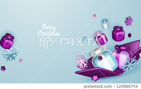 Christmas winter festive composition. Colorful Xmas background realistic 3d decorative design objects, christmas tree, gift boxes, xmas ball, gold confetti. Happy New Year. Vector illustration 120986759