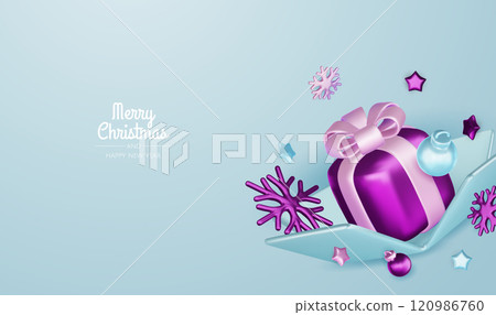 Happy New Year and Merry Christmas. Christmas holiday background with realistic 3d objects, violet and white bauble balls, conical metal stars, gift. Levitation falling design composition. 120986760