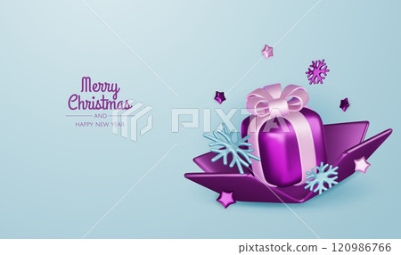 Happy New Year and Merry Christmas. Christmas holiday background with realistic 3d objects, violet and white bauble balls, conical metal stars, gift. Levitation falling design composition. 120986766