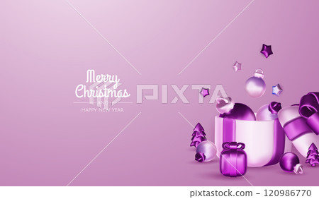 Christmas winter festive composition. Colorful Xmas background realistic 3d decorative design objects, christmas tree, gift boxes, xmas ball, gold confetti. Happy New Year. Vector illustration Christmas winter festive composition. Colorful Xmas background realistic 3d decorative design objects, christmas tree, gift boxes, xmas ball, gold confetti. Happy New Year. Vector illustration 120986770