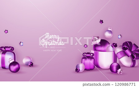 Christmas winter festive composition. Colorful Xmas background realistic 3d decorative design objects, christmas tree, gift boxes, xmas ball, gold confetti. Happy New Year. Vector illustration Christmas winter festive composition. Colorful Xmas background realistic 3d decorative design objects, christmas tree, gift boxes, xmas ball, gold confetti. Happy New Year. Vector illustration 120986771