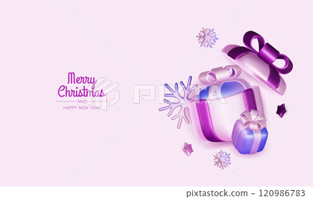 Happy New Year and Merry Christmas. Christmas holiday background with realistic 3d objects, violet and white bauble balls, conical metal stars, gift. Levitation falling design composition. Happy New Year and Merry Christmas. Christmas holiday background with realistic 3d objects, violet and white bauble balls, conical metal stars, gift. Levitation falling design composition. 120986783