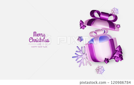 Happy New Year and Merry Christmas. Christmas holiday background with realistic 3d objects, violet and white bauble balls, conical metal stars, gift. Levitation falling design composition. Happy New Year and Merry Christmas. Christmas holiday background with realistic 3d objects, violet and white bauble balls, conical metal stars, gift. Levitation falling design composition. 120986784