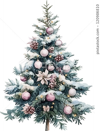 beautifully decorated Christmas tree adorned with pink ornaments, pinecones, and snow. festive atmosphere evokes warmth and joy during holiday season 120986810