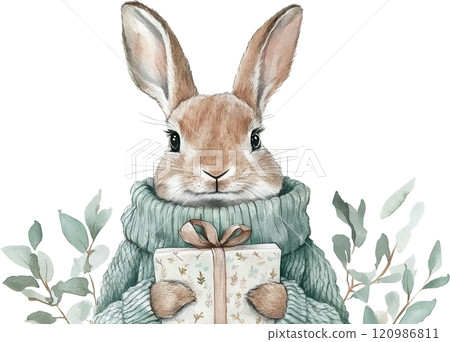 cute rabbit wearing cozy sweater holds gift surrounded by leaves, evoking warm and festive atmosphere. Perfect for holiday themes and illustrations cute rabbit wearing cozy sweater holds gift surrounded by leaves, evoking warm and festive atmosphere. Perfect for holiday themes and illustrations 120986811