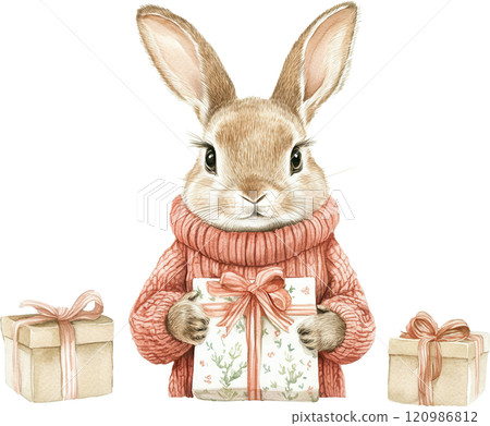 cute rabbit wearing cozy sweater holds beautifully wrapped gift, surrounded by more presents. This charming illustration captures joy of giving 120986812