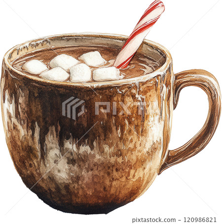 Warm and cozy hot chocolate in brown mug, topped with marshmallows and festive candy cane, perfect for winter celebrations and holiday gatherings 120986821