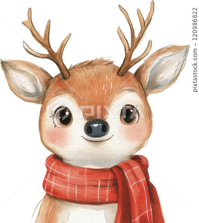 Cute deer illustration with antlers and red scarf, exuding cheerful and friendly vibe. Perfect for holiday themes or children decor 120986822
