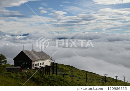 長野縣白馬地區的白馬八方尾根,北阿爾卑斯山唐松山的半山腰,八方池的雲海和索道 長野縣白馬地區的白馬八方尾根,北阿爾卑斯山唐松山的半山腰,八方池的雲海和索道 120986833