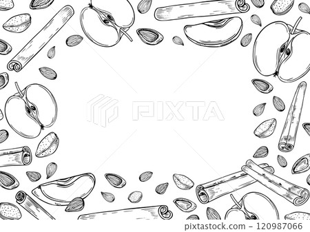 Almond seed, apple slice and cinnamon stick vector horizontal frame in black and white colors. Nuts with fruits, seasoning ingredients monochrome illustration with empty space for text Almond seed, apple slice and cinnamon stick vector horizontal frame in black and white colors. Nuts with fruits, seasoning ingredients monochrome illustration with empty space for text 120987066
