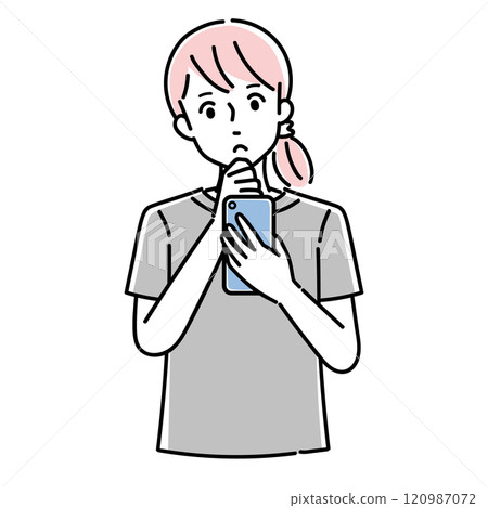 A woman with an anxious expression operating a smartphone A woman with an anxious expression operating a smartphone 120987072