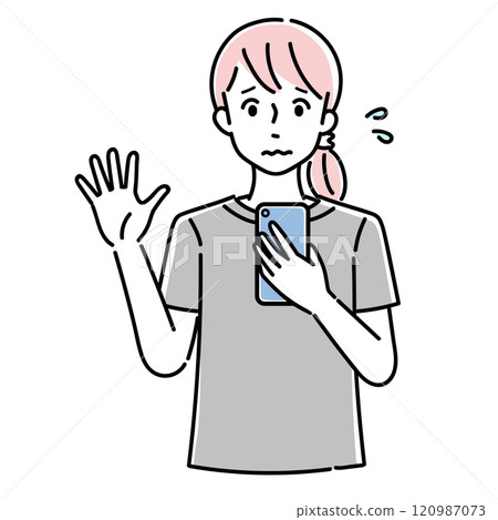 一位女士在操作智慧型手機時表情焦慮 120987073