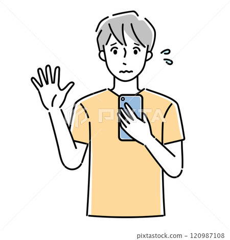 A man operating a smartphone with an anxious expression 120987108