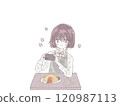 一名婦女用智慧型手機拍攝煎蛋捲飯的插圖 120987113