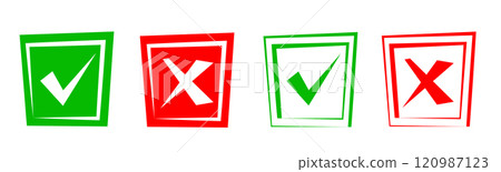 Yes or no symbol, approved or rejected icon for user interface. Green check mark and red cross. Correct or incorrect icons. Yes or no symbol, approved or rejected icon for user interface. Green check mark and red cross. Correct or incorrect icons. 120987123