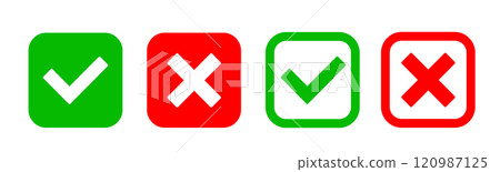 Yes or no symbol, approved or rejected icon for user interface. Green check mark and red cross. Correct or incorrect icons. Yes or no symbol, approved or rejected icon for user interface. Green check mark and red cross. Correct or incorrect icons. 120987125