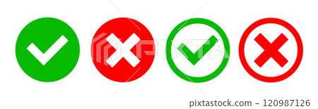 Yes or no symbol, approved or rejected icon for user interface. Green check mark and red cross. Correct or incorrect icons. Yes or no symbol, approved or rejected icon for user interface. Green check mark and red cross. Correct or incorrect icons. 120987126