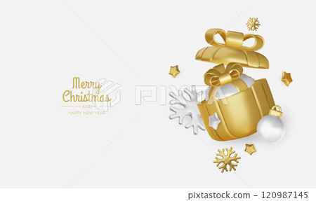 Christmas winter festive composition. Colorful Xmas background realistic 3d decorative design objects, christmas tree, gift boxes, xmas ball, gold confetti. Happy New Year. Vector illustration 120987145