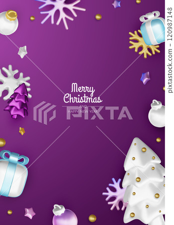 Happy New Year and Merry Christmas. Christmas holiday background with realistic 3d objects, bauble balls, conical metal stars. Levitation falling design composition. 120987148