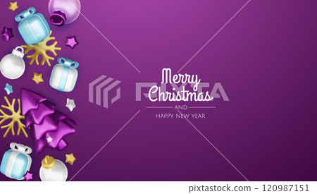 Christmas winter festive composition. Colorful Xmas background realistic 3d decorative design objects, christmas tree, gift boxes, xmas ball, gold confetti. Happy New Year. Vector illustration 120987151