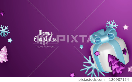 Christmas winter festive composition. Colorful Xmas background realistic 3d decorative design objects, christmas tree, gift boxes, xmas ball, gold confetti. Happy New Year. Vector illustration 120987154