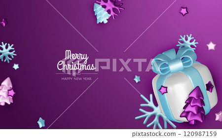 Happy New Year and Merry Christmas. Christmas holiday background with realistic 3d objects, violet and white bauble balls, conical metal stars, gift. Levitation falling design composition. 120987159