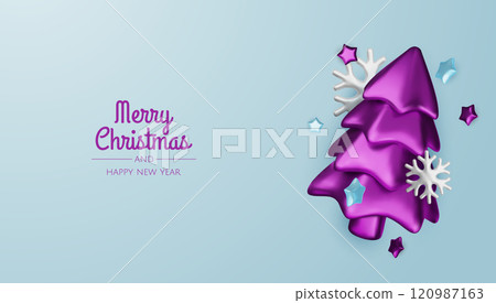 Happy New Year and Merry Christmas. Christmas holiday background with realistic 3d objects, violet and white bauble balls, conical metal stars, gift. Levitation falling design composition. Happy New Year and Merry Christmas. Christmas holiday background with realistic 3d objects, violet and white bauble balls, conical metal stars, gift. Levitation falling design composition. 120987163
