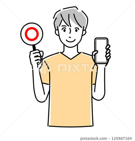 A man holding a smartphone and a true or false card 120987164