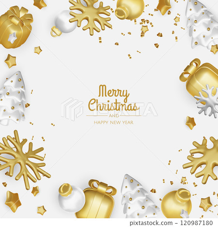 Merry Christmas and happy new year background. Christmas tree, Gift boxes, Christmas balls. Christmas element for web, banners, greeting card, template design. 120987180
