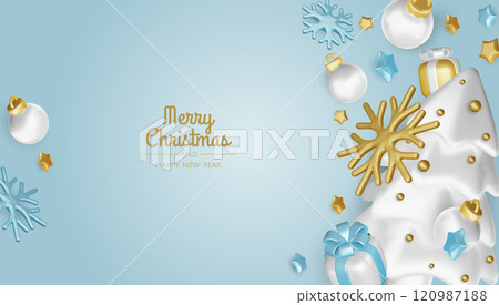 Christmas winter festive composition. Colorful Xmas background realistic 3d decorative design objects, christmas tree, gift boxes, xmas ball, gold confetti. Happy New Year. Vector illustration Christmas winter festive composition. Colorful Xmas background realistic 3d decorative design objects, christmas tree, gift boxes, xmas ball, gold confetti. Happy New Year. Vector illustration 120987188