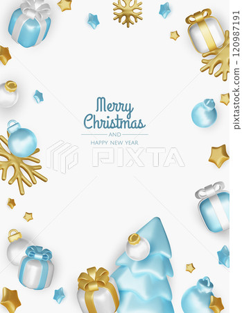 Happy New Year and Merry Christmas. Christmas holiday background with realistic 3d objects,gold and blue bauble balls, conical metal stars. Levitation falling design composition. 120987191
