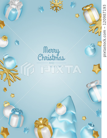 Christmas winter festive composition. Colorful Xmas background realistic 3d decorative design objects, christmas tree, gift boxes, xmas ball, gold confetti. Happy New Year. Vector illustration 120987193