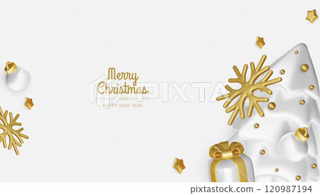 Christmas winter festive composition. Colorful Xmas background realistic 3d decorative design objects, christmas tree, gift boxes, xmas ball, gold confetti. Happy New Year. Vector illustration 120987194