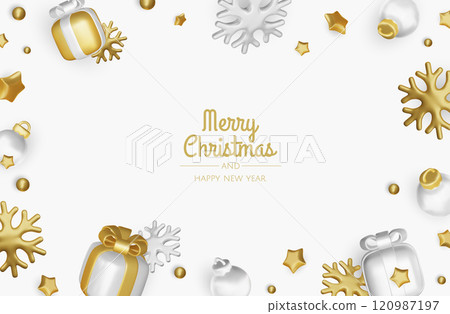 Happy New Year and Merry Christmas. Christmas holiday background with realistic 3d objects,gold and blue bauble balls, conical metal stars. Levitation falling design composition. 120987197