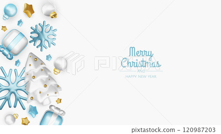 Happy New Year and Merry Christmas. Christmas holiday background with realistic 3d objects,gold and blue bauble balls, conical metal stars. Levitation falling design composition. Happy New Year and Merry Christmas. Christmas holiday background with realistic 3d objects,gold and blue bauble balls, conical metal stars. Levitation falling design composition. 120987203