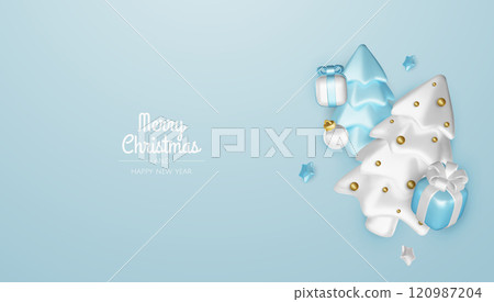 Christmas winter festive composition. Colorful Xmas background realistic 3d decorative design objects, christmas tree, gift boxes, xmas ball, gold confetti. Happy New Year. Vector illustration Christmas winter festive composition. Colorful Xmas background realistic 3d decorative design objects, christmas tree, gift boxes, xmas ball, gold confetti. Happy New Year. Vector illustration 120987204