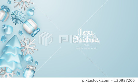 Merry Christmas and happy new year background. Christmas tree, Gift boxes, Christmas balls. Christmas element for web, banners, greeting card, template design. 120987206