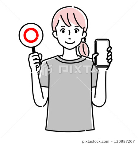 A woman holding a smartphone and a true or false card 120987207