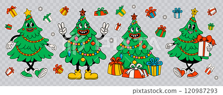 Groovy Christmas tree cartoon stickers, vintage funny fur tree characters with happy faces. Ideal for Christmas and New Year sticker designs and decorations, vector illustration Groovy Christmas tree cartoon stickers, vintage funny fur tree characters with happy faces. Ideal for Christmas and New Year sticker designs and decorations, vector illustration 120987293