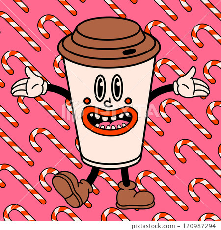 Groovy cartoon coffee cup with happy face, vintage funny paper cup on christmas candy cane background. Ideal for Christmas and New Year sticker designs and decorations, vector illustration 120987294