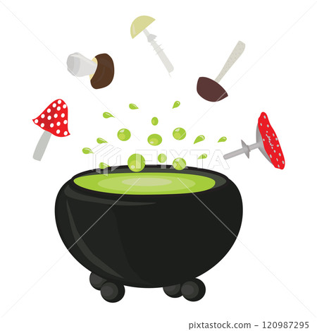 Cauldron with witchs potion and ingredients. Vector illustration isolated on white background. 120987295