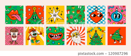 Retro style Christmas mini cards or stickers with groovy Christmas characters and objects. Ideal for Christmas and New Year sticker designs and decorations, vector illustration Retro style Christmas mini cards or stickers with groovy Christmas characters and objects. Ideal for Christmas and New Year sticker designs and decorations, vector illustration 120987296