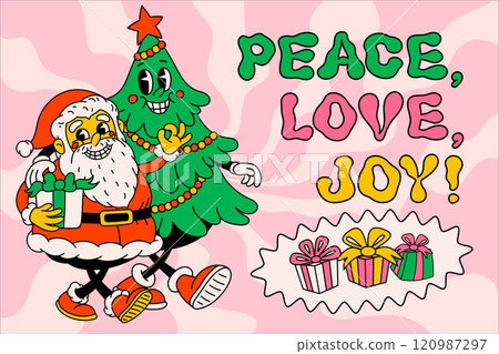 Groovy Christmas cartoon poster. vintage funny Santa Claus and Christmas tree with happy faces and peace love joy text. Ideal for Christmas and New Year sticker designs and decorations, vector Groovy Christmas cartoon poster. vintage funny Santa Claus and Christmas tree with happy faces and peace love joy text. Ideal for Christmas and New Year sticker designs and decorations, vector 120987297