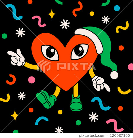 Groovy Christmas cartoon card. vintage funny heart character with eyes and confetti. Ideal for Christmas and New Year sticker designs and decorations, vector illustration 120987300