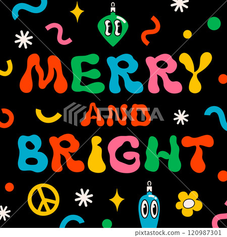 Groovy Christmas cartoon card. vintage funny poster with confetti and merry and bright text. Ideal for Christmas and New Year sticker designs and decorations, vector illustration. Groovy Christmas cartoon card. vintage funny poster with confetti and merry and bright text. Ideal for Christmas and New Year sticker designs and decorations, vector illustration. 120987301