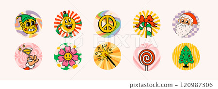 Retro style Christmas round stickers with groovy new year characters and objects. Ideal for Christmas and New Year sticker designs and decorations, vector illustration. Retro style Christmas round stickers with groovy new year characters and objects. Ideal for Christmas and New Year sticker designs and decorations, vector illustration. 120987306