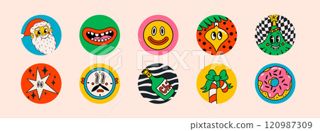 Retro style Christmas round stickers with groovy new year characters and objects. Ideal for Christmas and New Year sticker designs and decorations, vector illustration. 120987309
