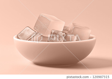 Neat arrangement of mocha mousse beige jelly ice cubes in a minimalist bowl. Modern trendy tone hue shade 120987315