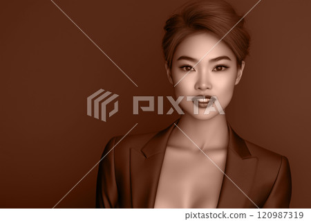 Asian woman with mocha mousse brown hair in a blazer on chocolate background. Modern trendy tone hue shade 120987319